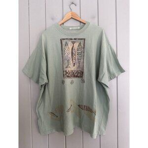 Blue Fish Clothing Tunic Top One Size Green Graphic Art To Wear Crew Neck Tee